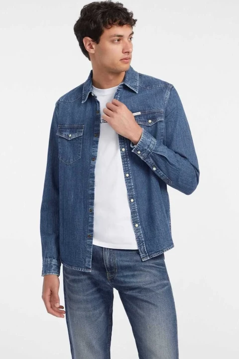 Erkek Gj Slım Ls Denim Gömlek - Mavi 