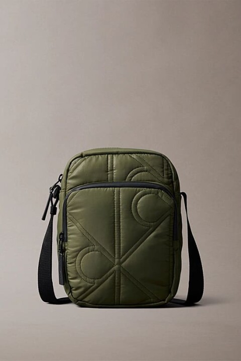 Erkek Kapitone Desenli Fermuarlı Cepli Çapraz Vücut Çanta - Haki 