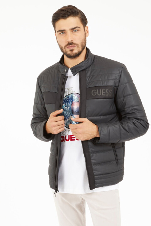 Erkek Kapitone Fermuarlı Biker Ceket - Siyah 