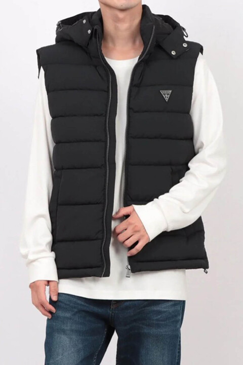 Erkek Kapüşonlu Fermuarlı Şişme Yelek - Siyah 