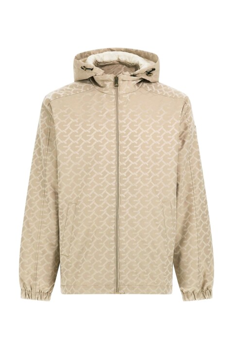 Erkek Kapüşonlu Monogram Desenli Rüzgarlık - Bej 