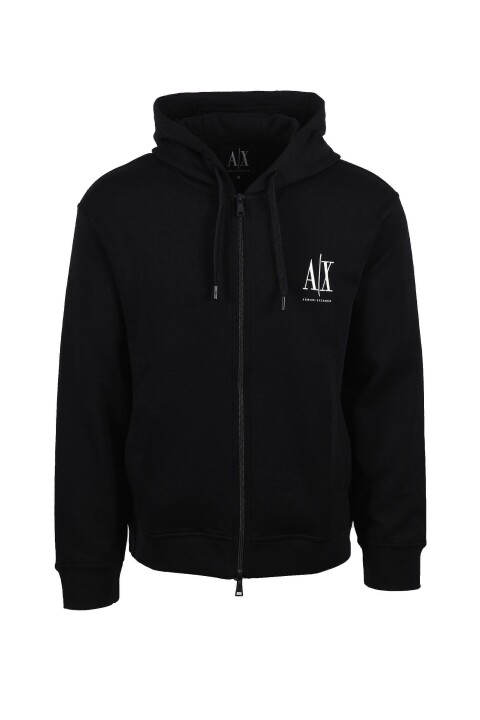 Erkek Kapüşonlu Tam Kalıp Logo Detaylı Fermuarlı Sweatshirt - Siyah 