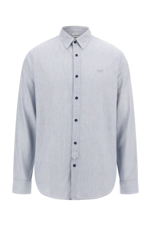 Erkek Keten Karışımlı Gömlek - Kırçıllı Mavi 