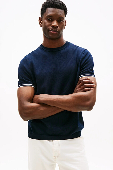 Erkek Kol Ucu Çizgili Kısa Kollu Triko - Lacivert 