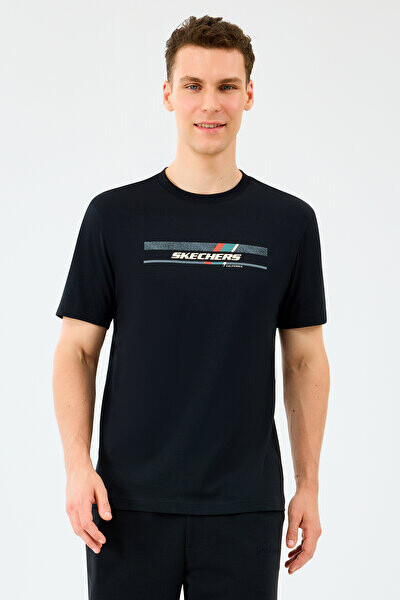 Erkek Light Fabric Bisiklet Yaka Göğüs Baskılı T-Shirt - Siyah 