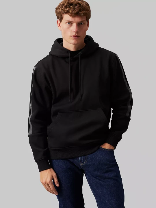 Erkek Logo Tape Hoodıe Sweatshirt-Siyah 