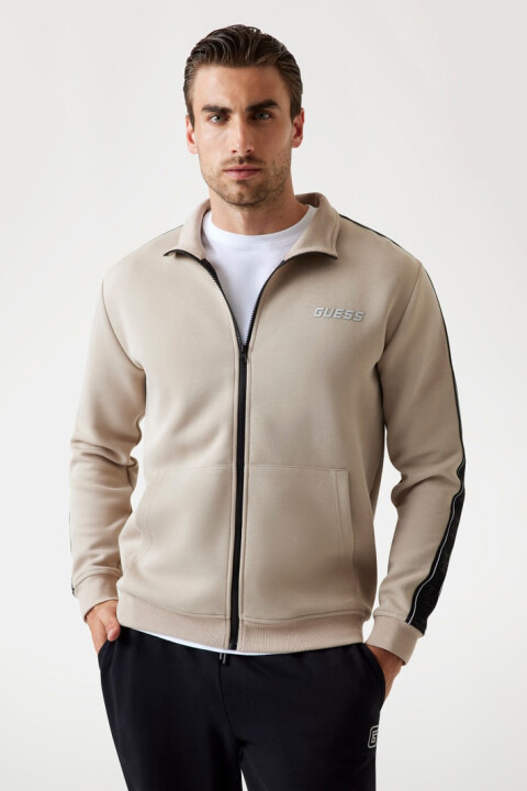 Erkek Mickey Dik Yaka Kolu Şeritli Fermuarlı Sweatshirt - Bej 