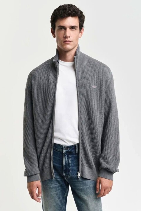 Erkek Mikro Dokulu Pamuklu Fermuarlı Kazak - Gri 