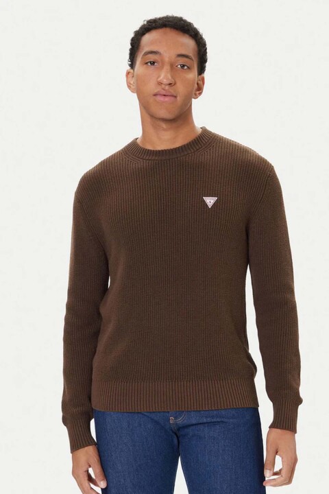 Erkek Normal Kalıp Bisiklet Yaka Ribanalı Triko - Kahverengi 