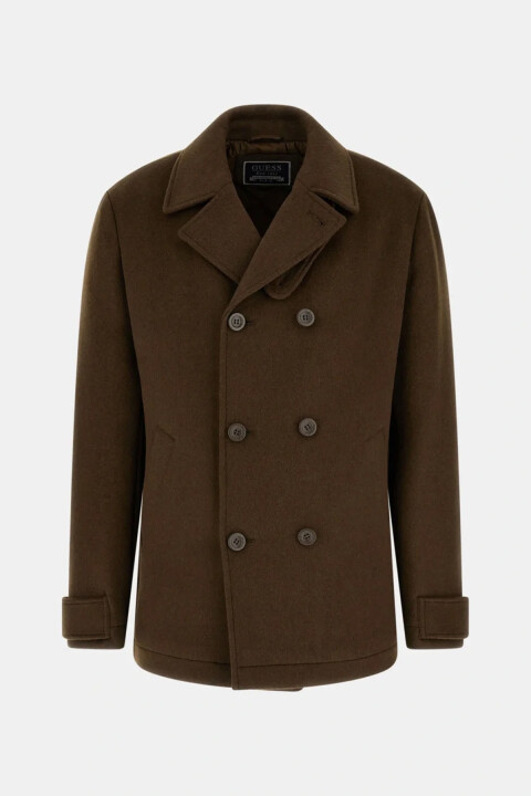 Erkek Normal Kalıp Kruvaze Yün Karışımlı Kaban - Kahverengi 