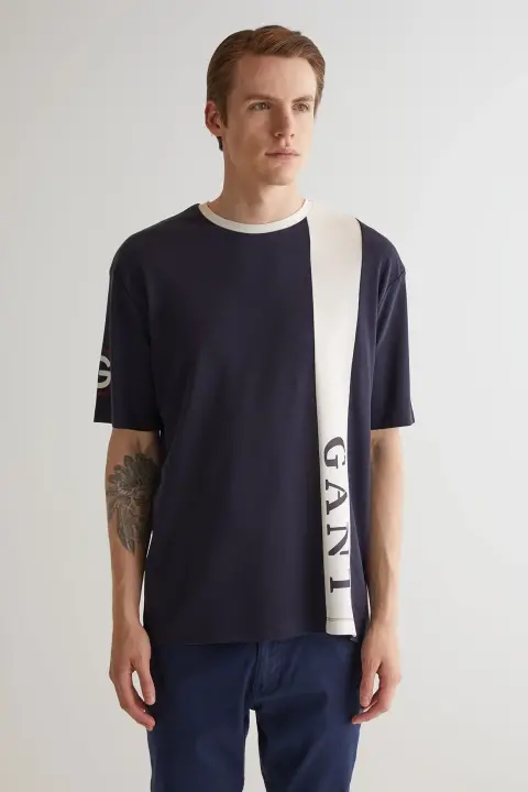 Erkek Oversize Fit Bisiklet Yaka Logolu T-Shirt - Lacivert 