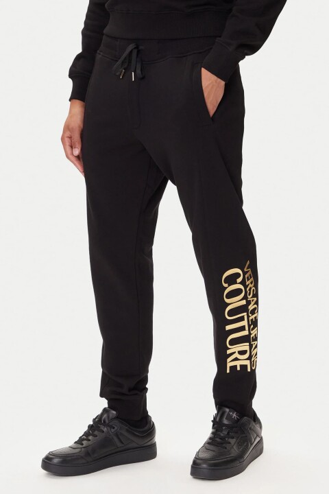 Erkek Regular Fit Altın Rengi Varak Logolu Eşofman Altı - Siyah/Gold 