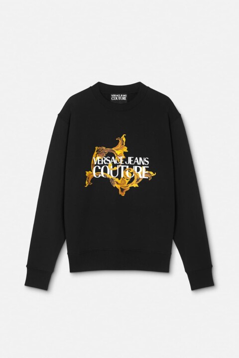 Erkek Regular Fit Barok Desenli Yazı Logolu Bisiklet Yaka Sweatshirt - Siyah/Altın Sarısı 