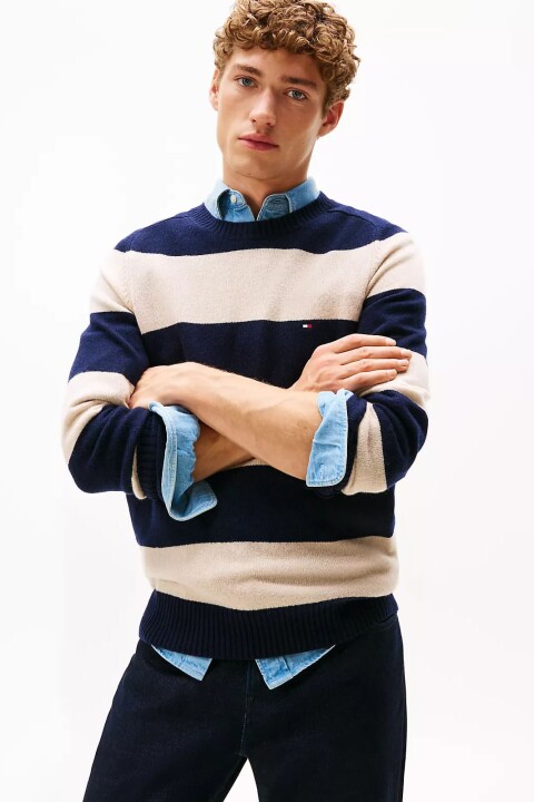 Erkek Regular Fit Çizgili Kuzu Yünü Bisiklet Yaka Kazak - Lacivert/Bej 