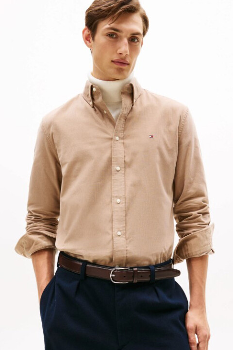 Erkek Regular Fit Düğmeli Yaka Kadife Gömlek - Bej 