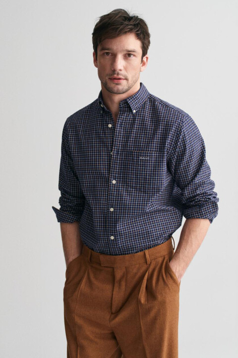 Erkek Regular Fit Düğmeli Yaka Kareli Gömlek - Mavi 