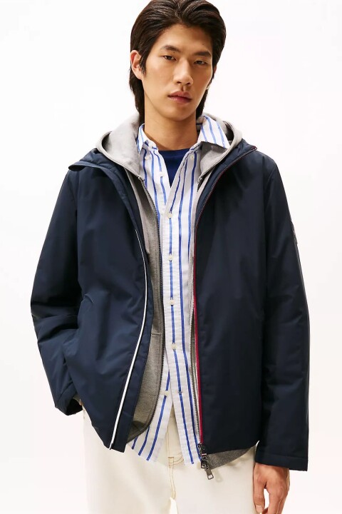 Erkek Regular Fit Fermuarı Şerit Detaylı Kapüşonlu Mont - Lacivert 