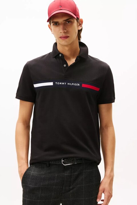 Erkek Regular Fit Göğsü Şeritli ve Yazı Nakışlı Polo Yaka T-Shirt - Siyah 