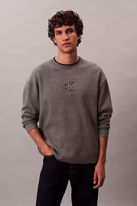 Erkek Regular Fit Kabartma Logolu Kazak - Gri 