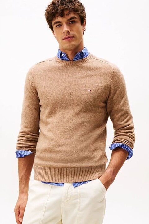 Erkek Regular Fit Kuzu Yünü Bisiklet Yaka Kazak - Bej 