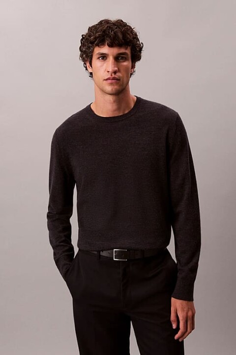 Erkek Regular Fit Merinos Yünü Triko Kazak - Antrasit Melanj 