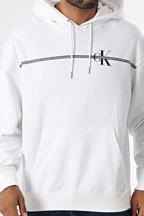 Erkek Regular Fit Şerit Grafik Baskılı Kapüşonlu Sweatshirt - Beyaz 