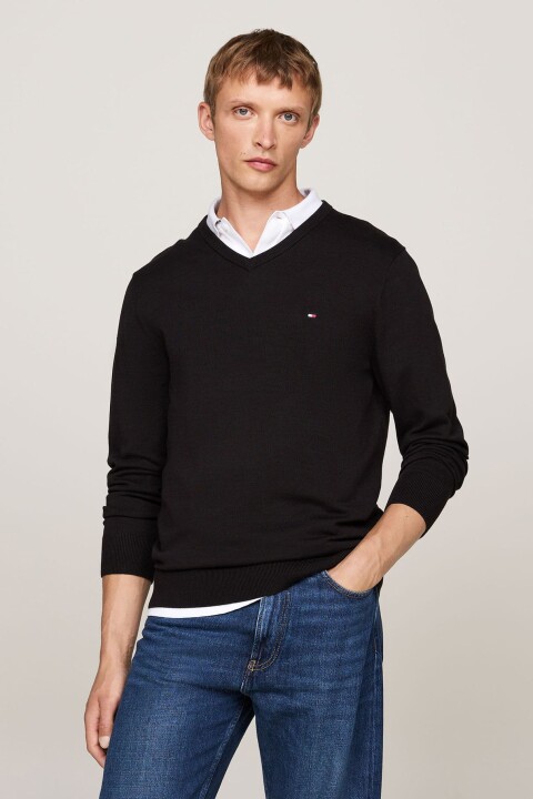 Erkek Regular Fit V Yaka Pamuklu Triko Kazak - Siyah 