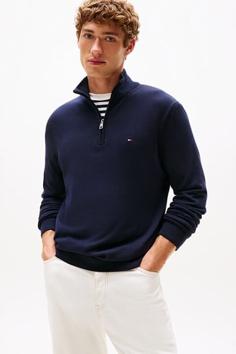 Erkek Regular Fit Yarım Fermuarlı Dik Yaka Pamuklu Triko Kazak - Lacivert 