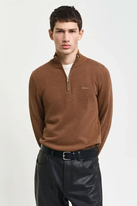 Erkek Regular Fit Yarım Fermuarlı Kazak - Kahverengi 