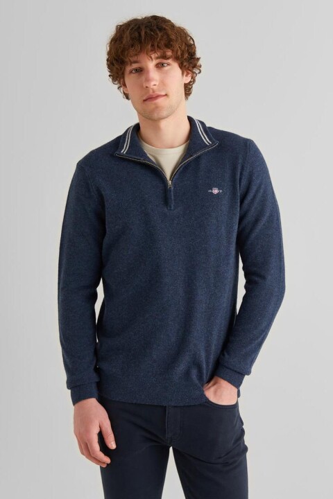 Erkek Regular Fit Yarım Fermuarlı Yün Kazak - Lacivert 