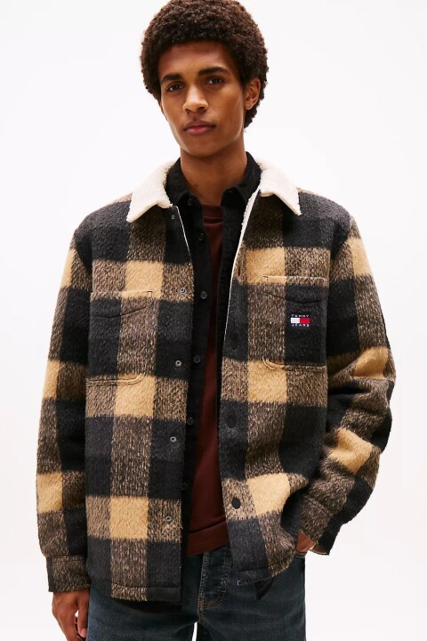 Erkek Regular Kalıp Pelüş Yakalı Kareli Gömlek Ceket - Siyah/Kahverengi 