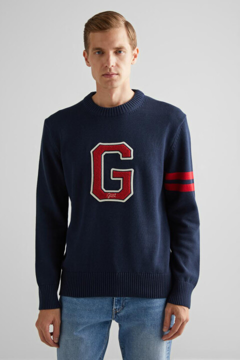 Erkek Relaxed Fit Bisiklet Yaka Logolu Kazak - Lacivert 