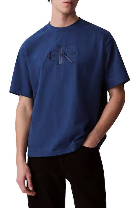 Erkek Relaxed Fit Eteği Asimetrik Kesim Nakış Logolu T-Shirt - Mavi 