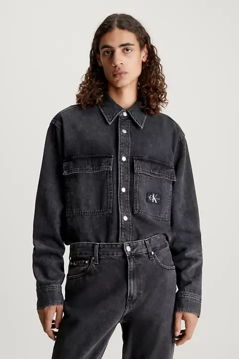 Erkek Relaxed Lınear Denim Gömlek - Siyah 