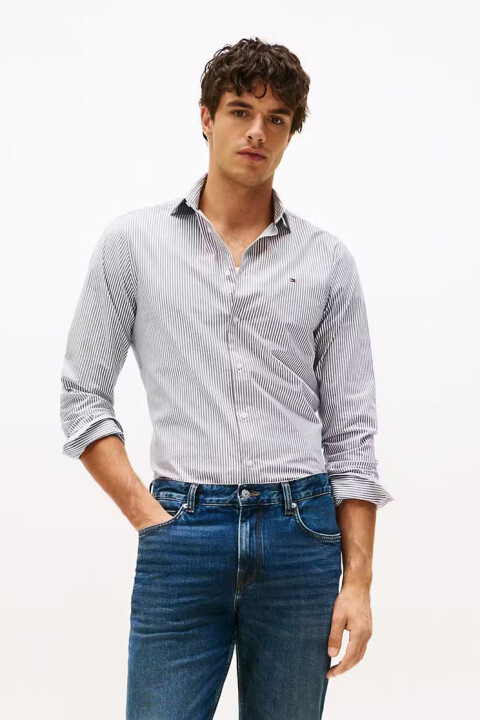 Erkek Slim Fit Çizgili Gömlek - Lacivert/Beyaz 