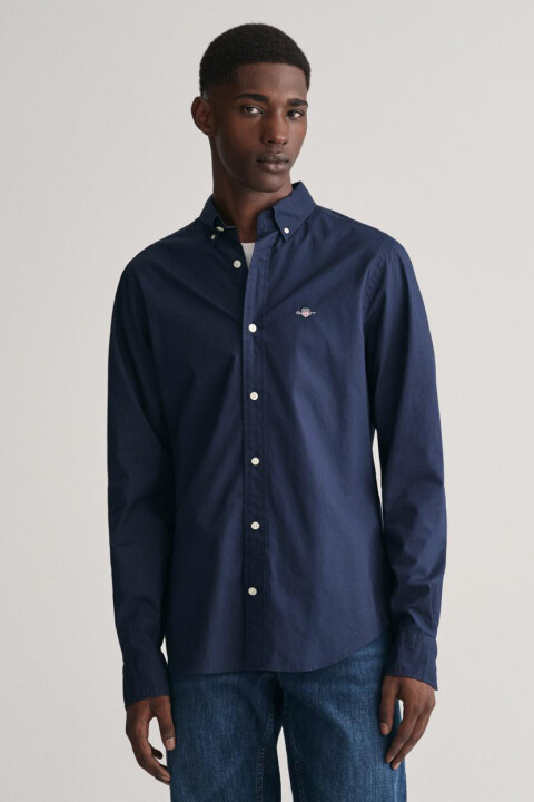 Erkek Slim Fit Düğmeli Yaka Logolu Gömlek - Lacivert 