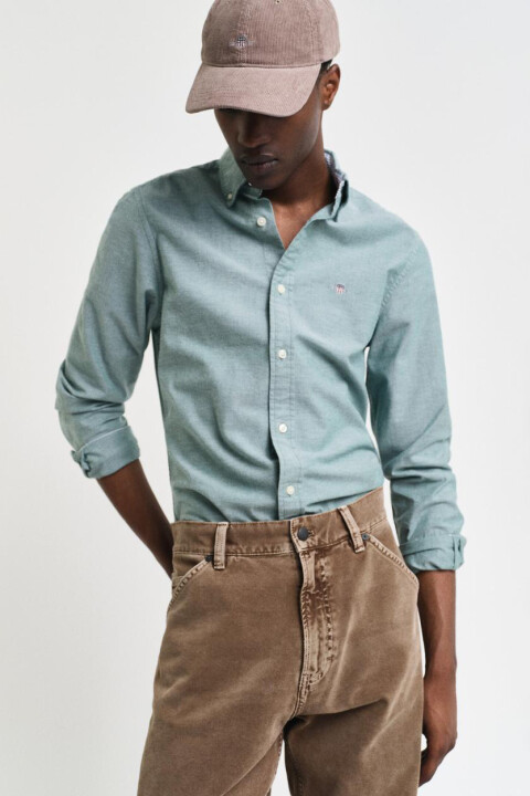 Erkek Slim Fit Düğmeli Yaka Oxford Gömlek - Yeşil 