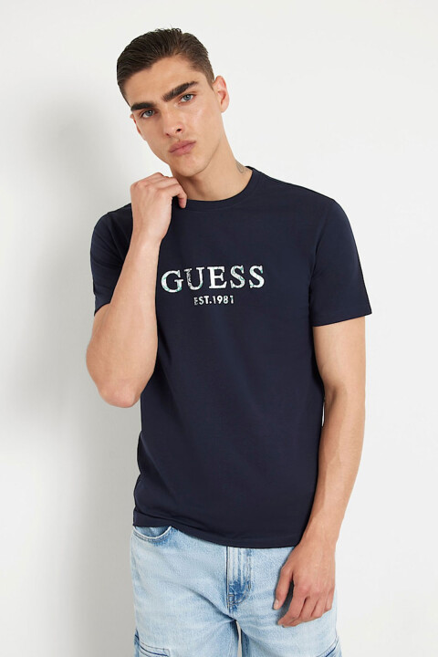 Erkek Ss Cn Guess Irıdesce Önü Logolu Stretch T-Shirt - Lacivert 