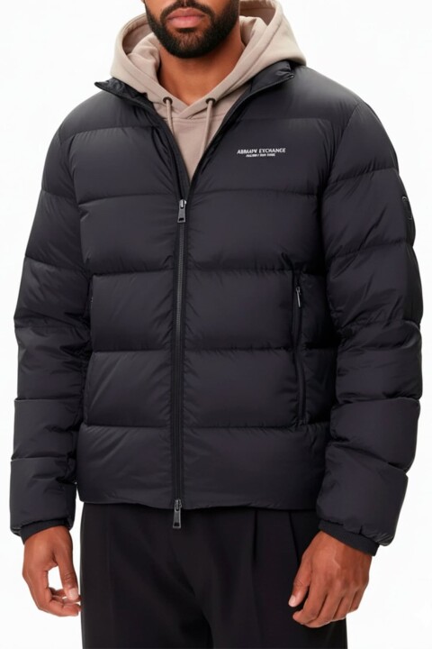 Erkek Tam Kalıp Dik Yaka Şişme Mont - Siyah 