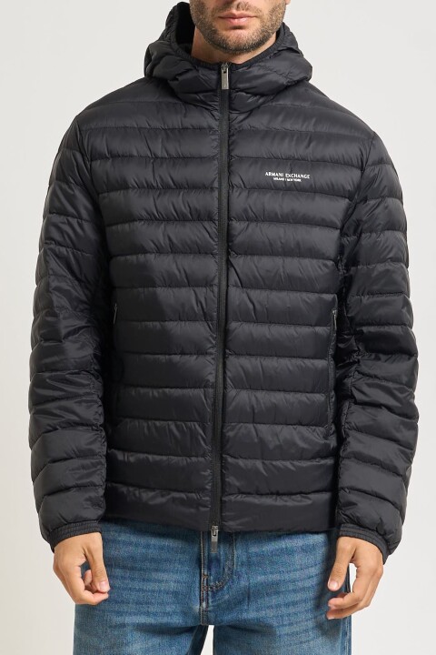 Erkek Tam Kalıp Kapüşonlu Logolu Şişme Mont - Siyah 