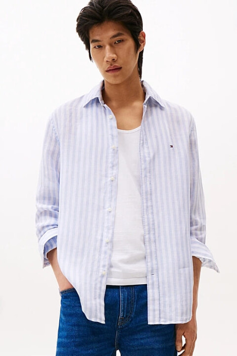 Erkek Th Linen Çizgili Gömlek - Mavi 