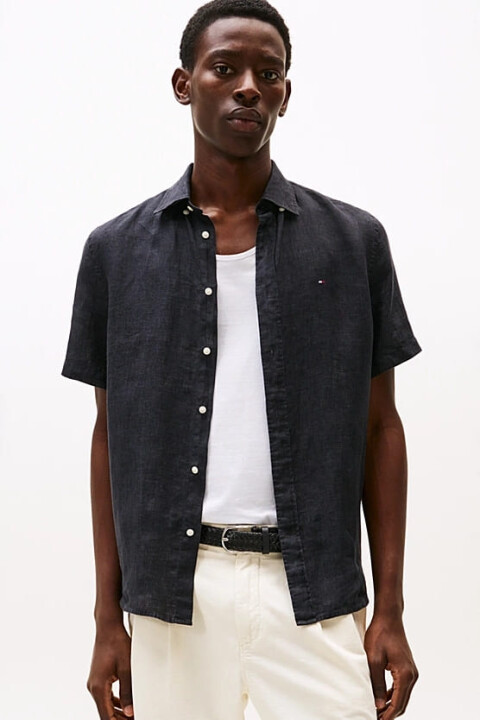 Erkek Th Linen Keten Kısa Kol Gömlek - Siyah 