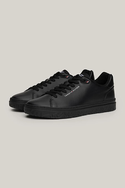 Erkek Th Monogram Deri Court Sneaker - Siyah 