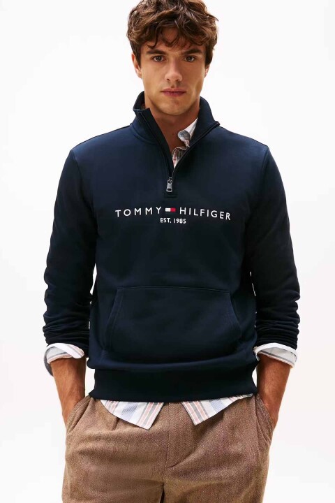 Erkek Tommy Logo Mockneck Fermuarlı Sweatshirt - Lacivert 