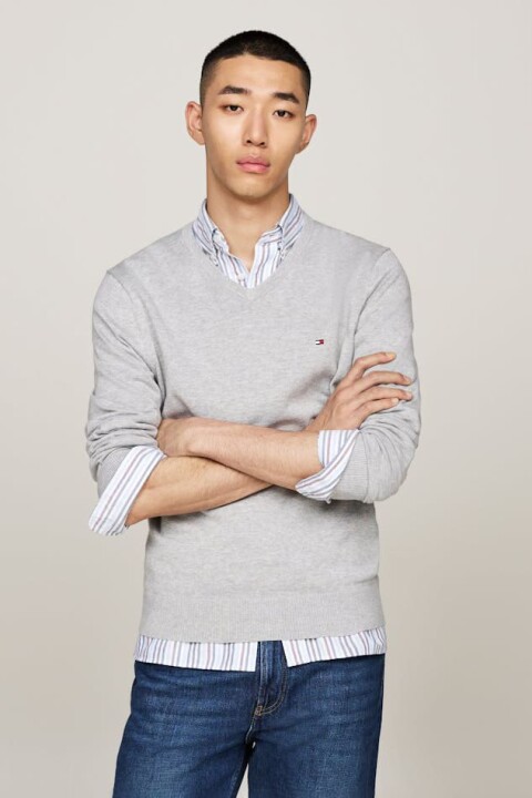 Erkek V Yaka Pamuklu Triko Kazak - Gri 