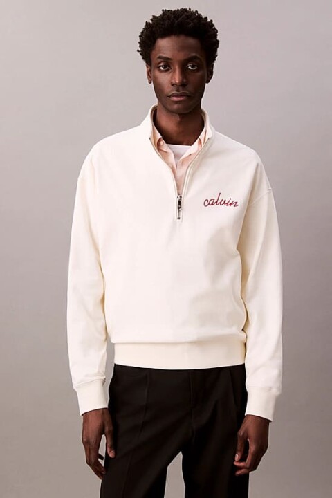 Erkek Yarım Fermuarlı Yazı Logolu Sweatshirt - Krem 