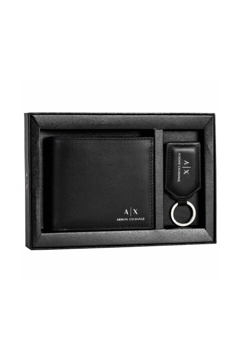 Erkek Yazı Logolu Cüzdan ve Anahtarlık Seti - Siyah 