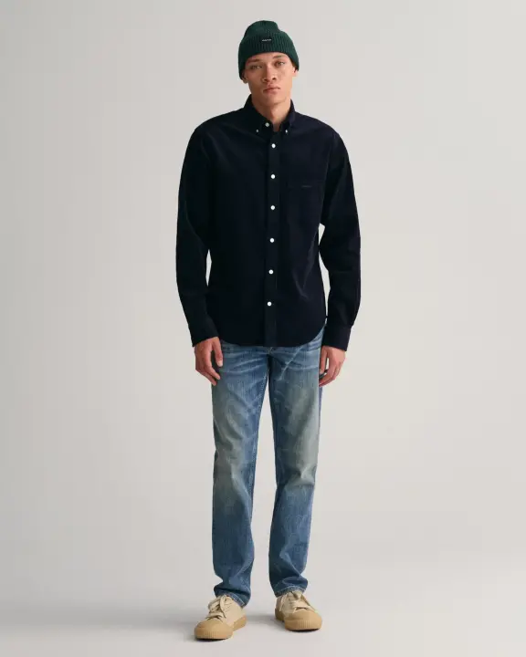 Erkek Regular Fit Düğmeli Yaka Gömlek-Lacivert 