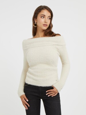 Kadın Düşük Omuzlu Kazak - Beyaz 