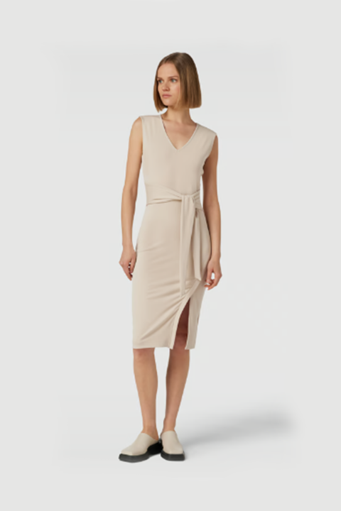 Kadın V Yaka Midi Elbise - Bej 
